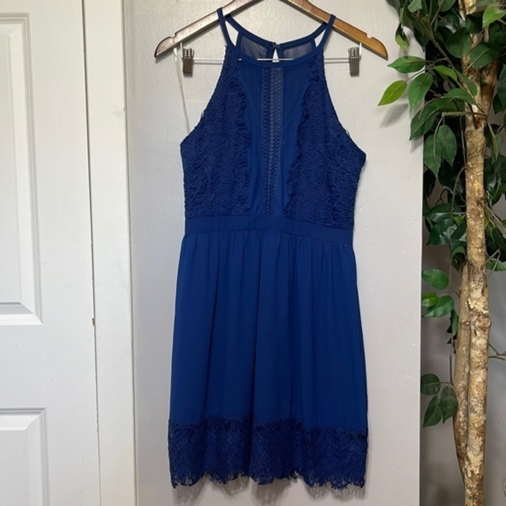 Francesca's Medium Lace Halter Mini‎ Dress Womens Royal Blue Mesh Detail F17D484
